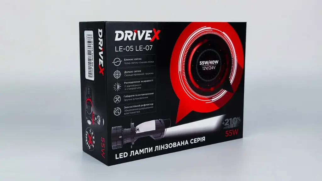 LED лампи автомобільні з лінзою DriveX LE-07 H11 6000K 55W 9-32V к-т.